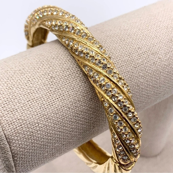 Swarovski Crystal Pave Hinged Gold Bangle Bracelet - Picture 1 of 6